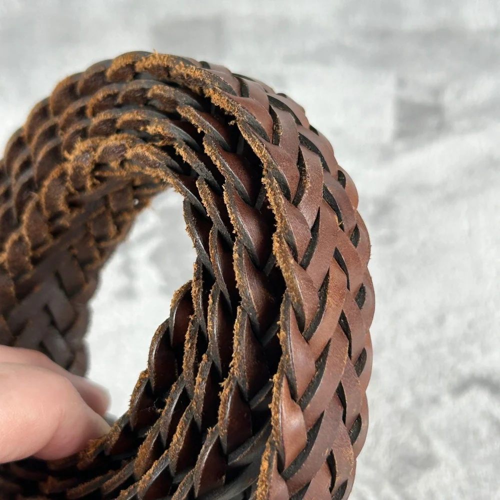 Mens Brown Braided Genuine Leather Belt Silver Buckle Size XL Woven 51 Inch
